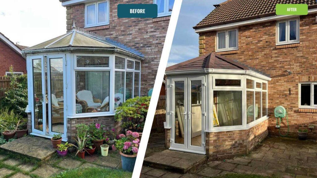 Before and after photo showing old polycarbonate conservatory roof replaced with a solid tiled roof in Newcastle