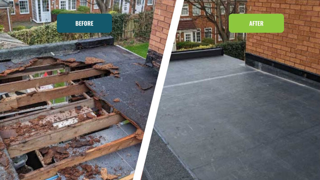 Before and after photo of damaged flat roof replaced with new EPDM system in Washington