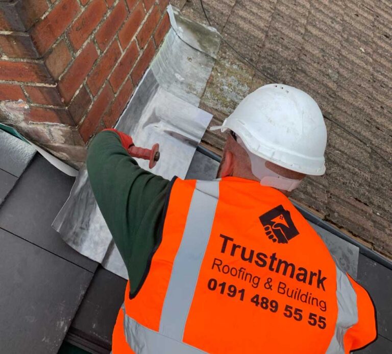 Chimney lead flashing repairs on a residential roof in Gateshead