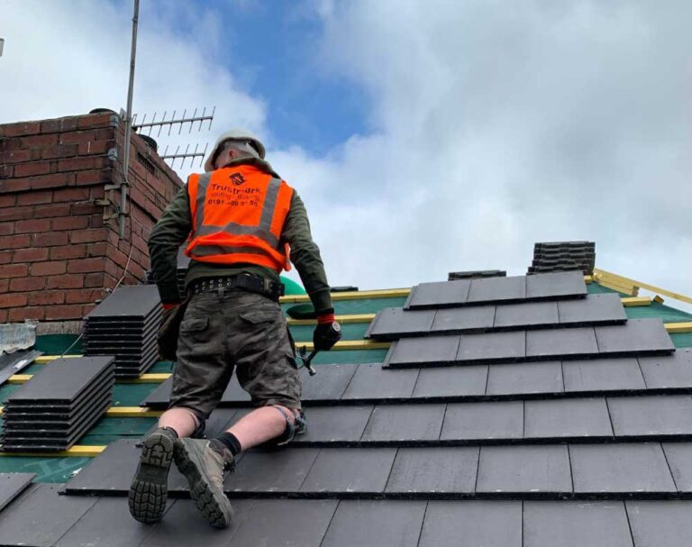 External roof check in Gateshead identifying slipped tiles, ridge tile damage, chimney issues and visible roof leaks.