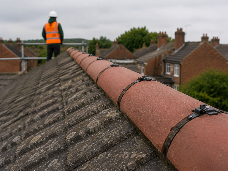 Repair work being completed on loose dry ridge tiles at a Gateshead property