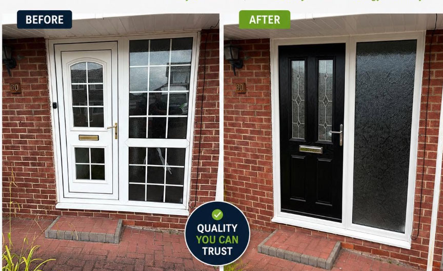 before and after of front door being replaced